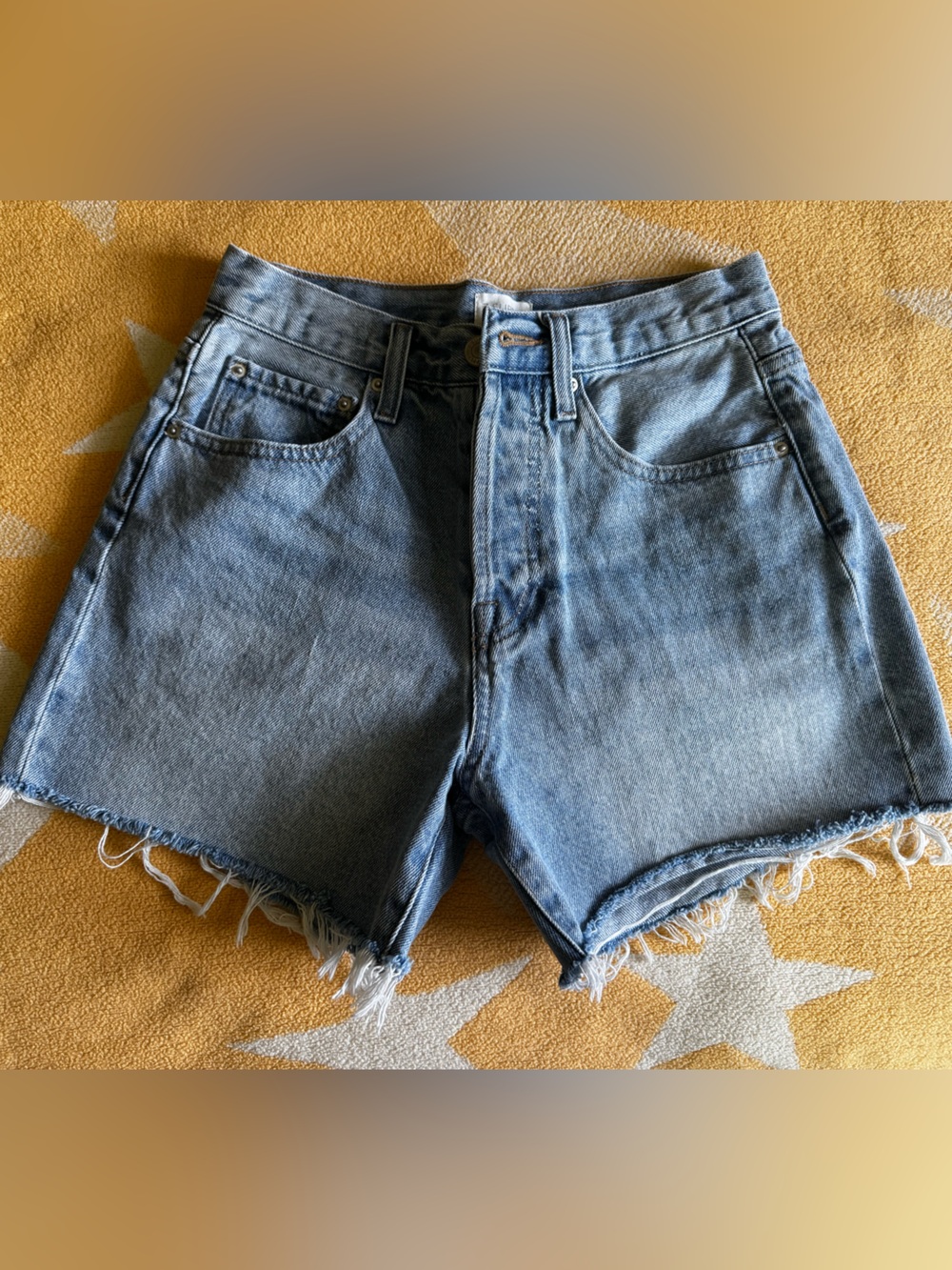 Z Supply Light Blue Denim Cutoff Jean Shorts with Frayed Hem. Everyday Highrise